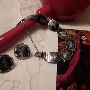 ANTIQUE, 925 STERLING, SIAM NIELLO DANCER BRACELET & EARRINGS SET